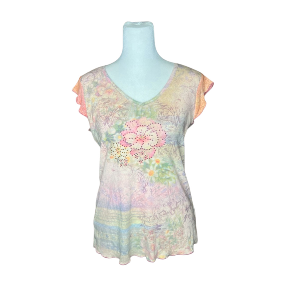 Vtg Y2K One World Top M Multi-color Floral Rhinestones Euro Fairy Festival Artsy
